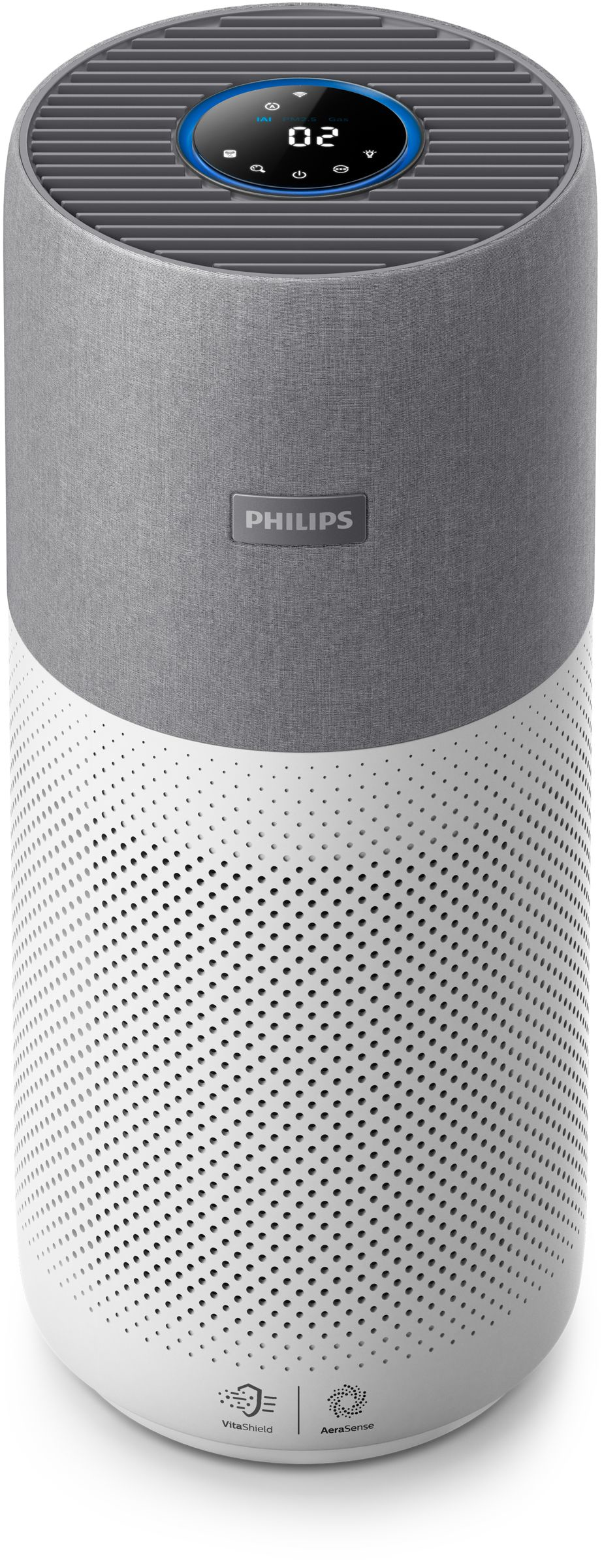 Beyaz ve gri renklerde bir Philips hava temizleyici. Dijital bir ekrana ve delikli beyaz bir alt kısma sahiptir.