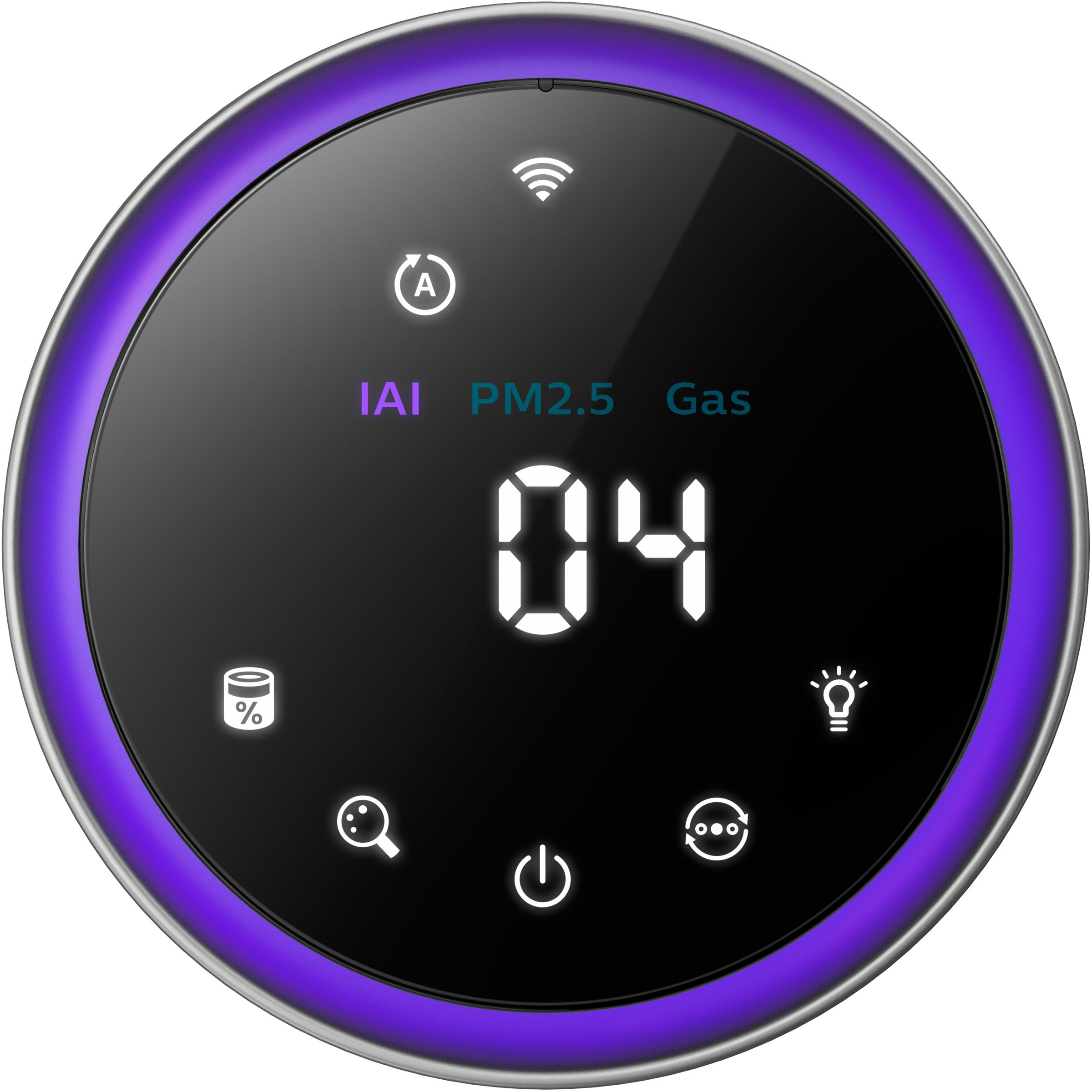 Mor bir halka ile siyah bir ekran, verileri gösteriyor: IAI, PM2.5, Gaz seviyeleri ve okumaları. WiFi, ışık ve güç simgeleri içerir.