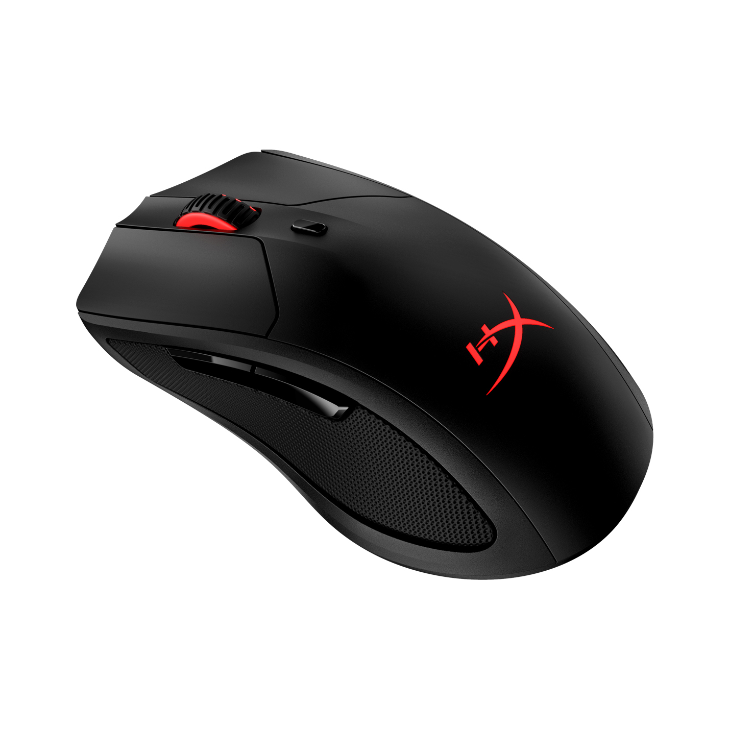 Kırmızı logolu ve kaydırma tekerlekli siyah HyperX oyun faresi. Dokulu tutuşa sahip şık tasarım.
