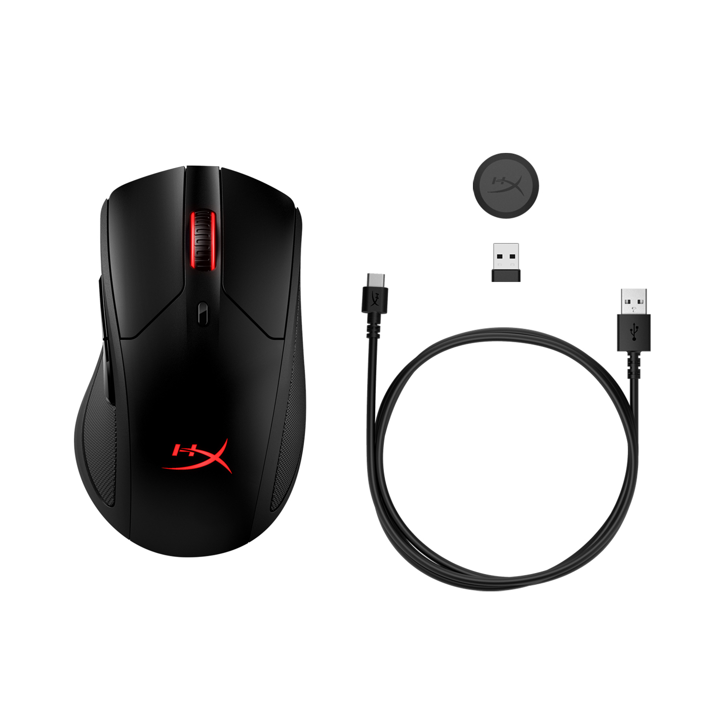 Siyah kablosuz fare, USB kablosu, USB alıcısı ve şarj yuvası.