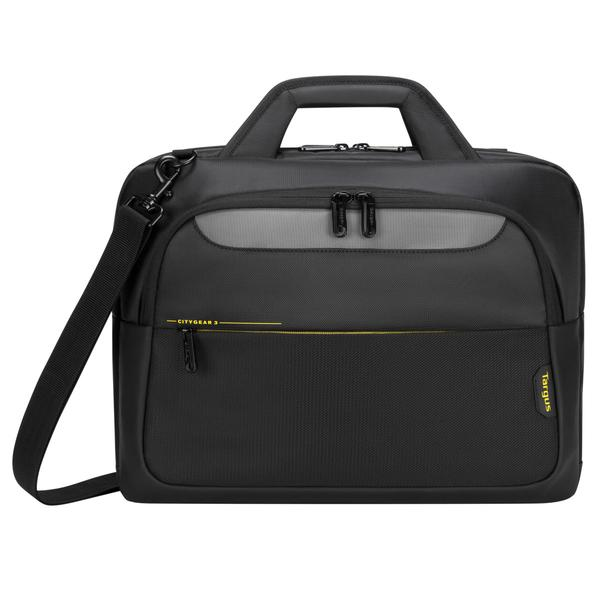 Siyah Targus Citygear 3 dizüstü bilgisayar çantası, tutma sapı ve omuz askısı. Gri detaylar ve sarı ayrıntılar içerir.