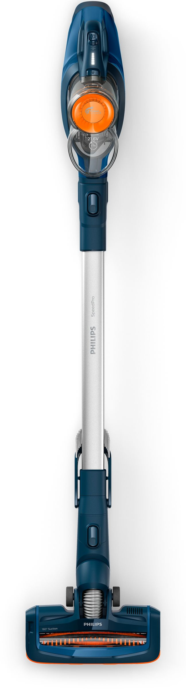 Philips kablosuz elektrikli süpürge, üstten görünüm, mavi ve turuncu.
