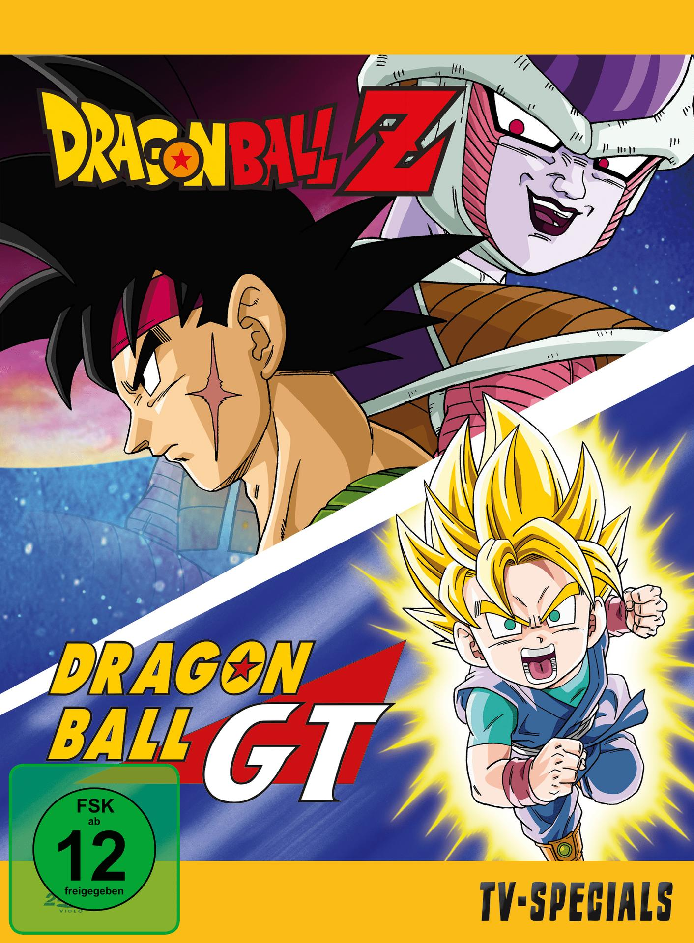 DVD-Cover mit Dragon Ball Z- und GT-Charakteren, zwei Manga-Illustrationen und Text.