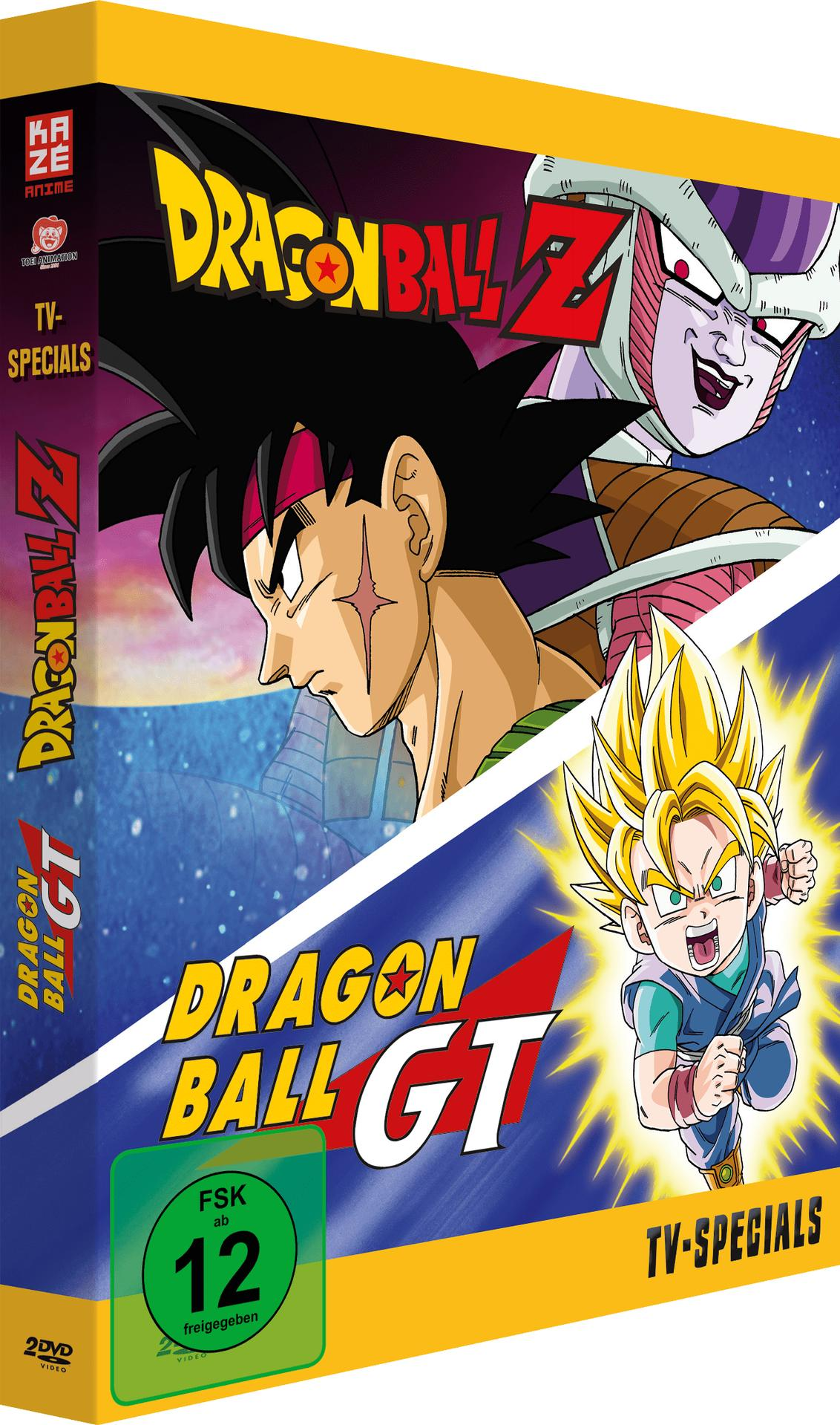 DVD-Hülle mit Dragon Ball Z und Dragon Ball GT Charakteren. Der Hintergrund ist blau und gelb.