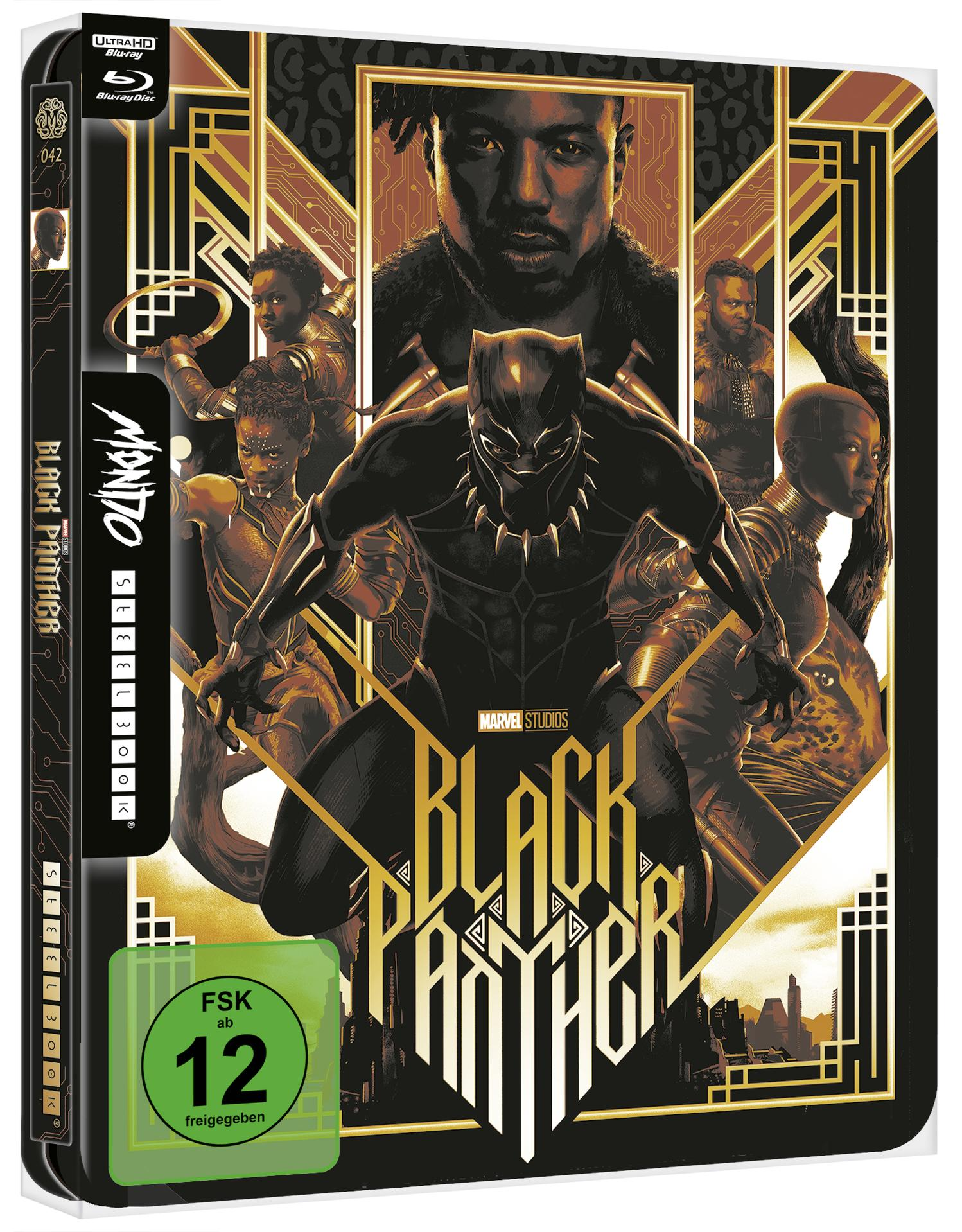 Black Panther Blu-ray Box-Art mit Charakteren und Goldakzenten.