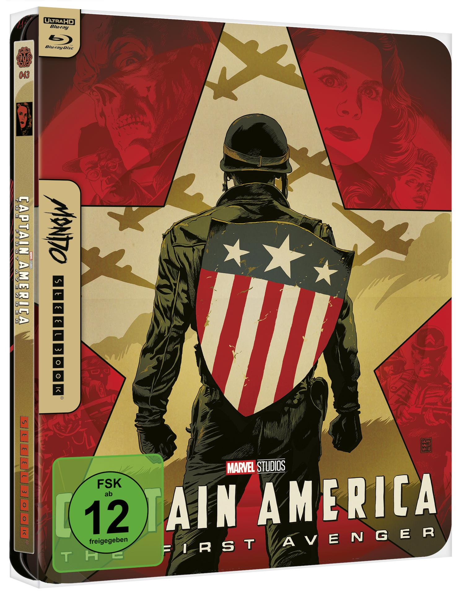 Captain America Filmhülle. Ein Soldat mit Schild steht im Zentrum, roter und weißer Hintergrund.
