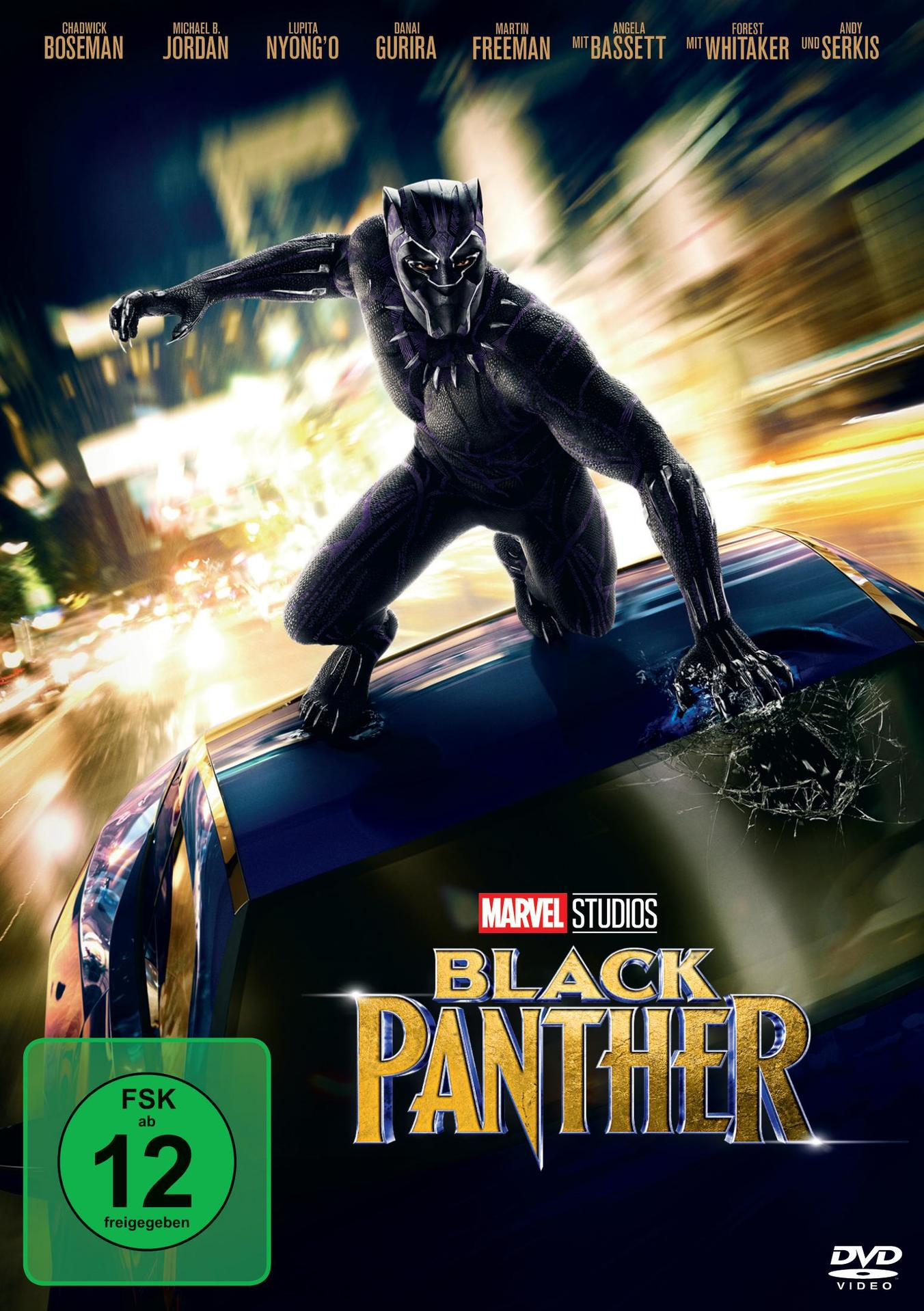 Filmposter für 'Black Panther' mit einem Superhelden auf einem Auto. FSK 12.
