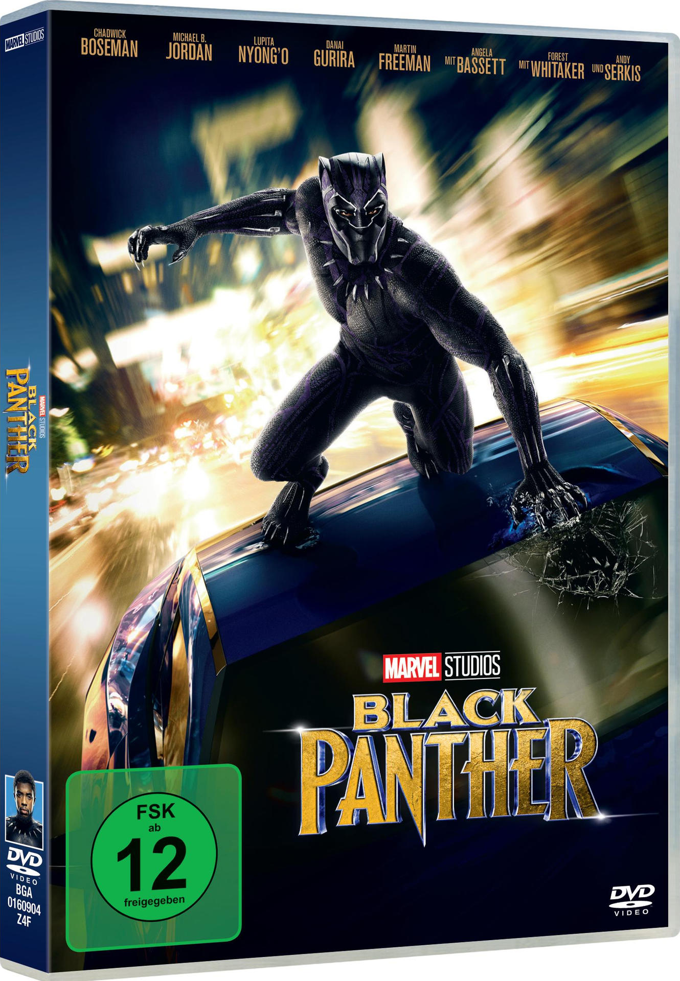 Eine Black Panther DVD-Hülle mit einem grünen Bewertungsetikett und aufgelisteten Schauspielern.