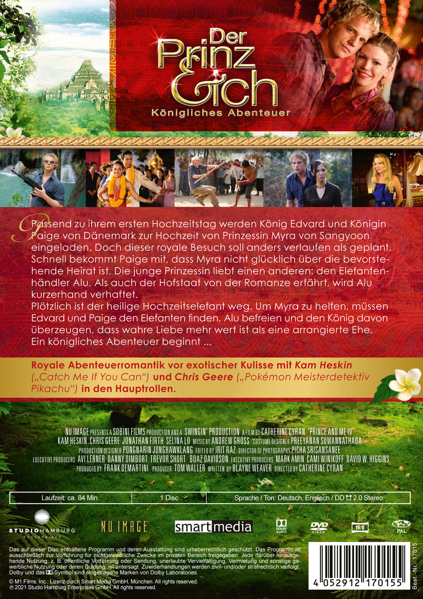 DVD-Hülle für 'Prince & Me IV'. Enthält ein Paar und andere Bilder, Text auf Englisch und Deutsch.