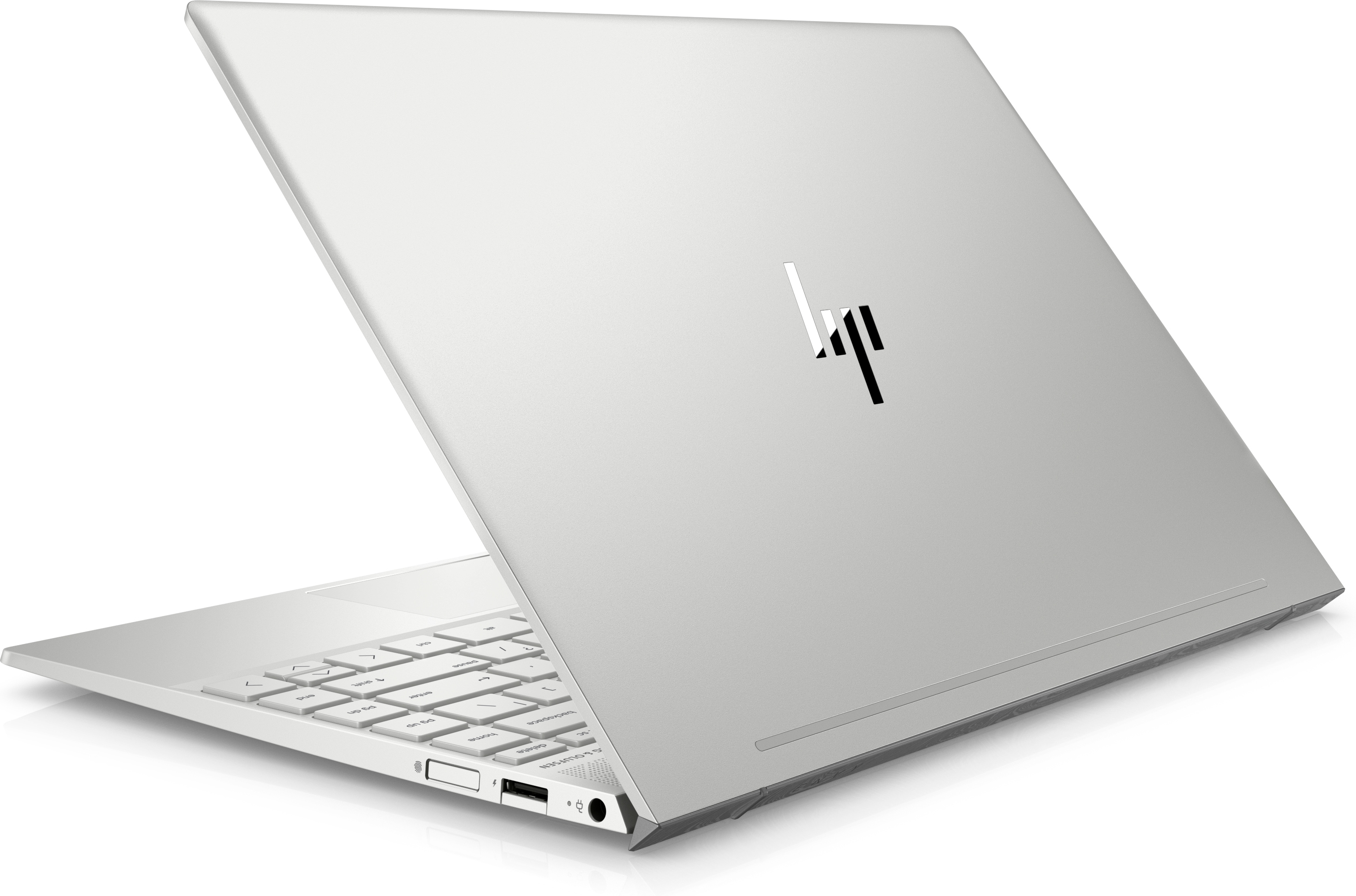 Gümüş HP dizüstü bilgisayar, kapalı, kapakta HP logosu, açılı görünüm.