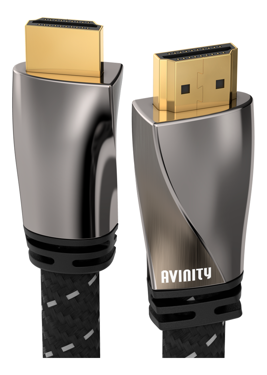 Zwei HDMI-Kabel mit goldfarbenen Steckern und metallisch-silbernen Gehäusen. Kabel haben schwarze geflochtene Ummantelungen. Der Markenname 'AVINITY' ist sichtbar.
