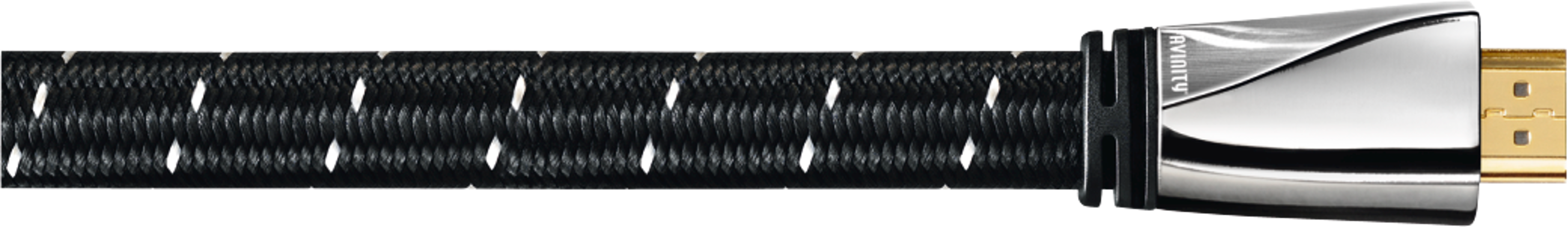 Schwarz-weiß geflochtenes HDMI-Kabel mit silbernen Steckern und einem goldfarbenen HDMI-Ende. Der Markenname ist sichtbar.