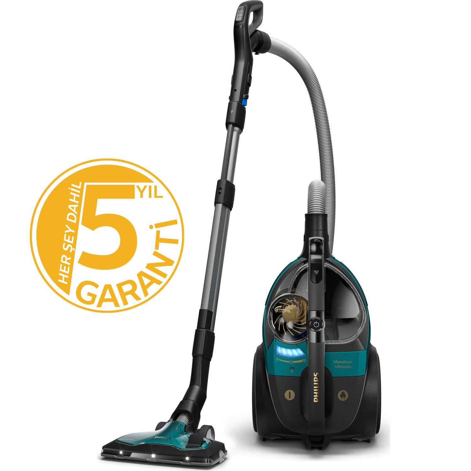 Siyah ve deniz mavisi Philips elektrikli süpürge, 5 yıl garanti rozetiyle.
