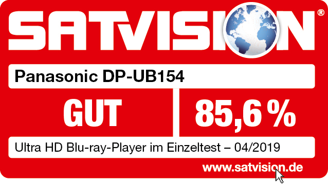 Rotes und weißes SATVISION-Logo mit Text. Panasonic DP-UB154. GUT und 85,6 %. Ultra HD Blu-ray-Player Testergebnis von 04/2019.