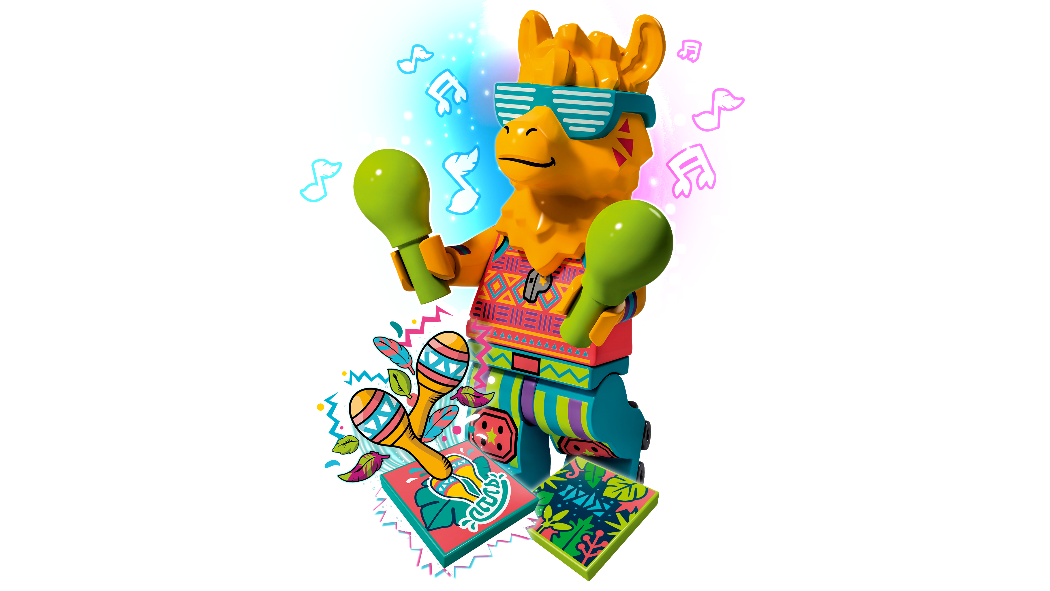 Eine Lego-Lama-Figur, die Maracas spielt, mit Noten und Grafiken.