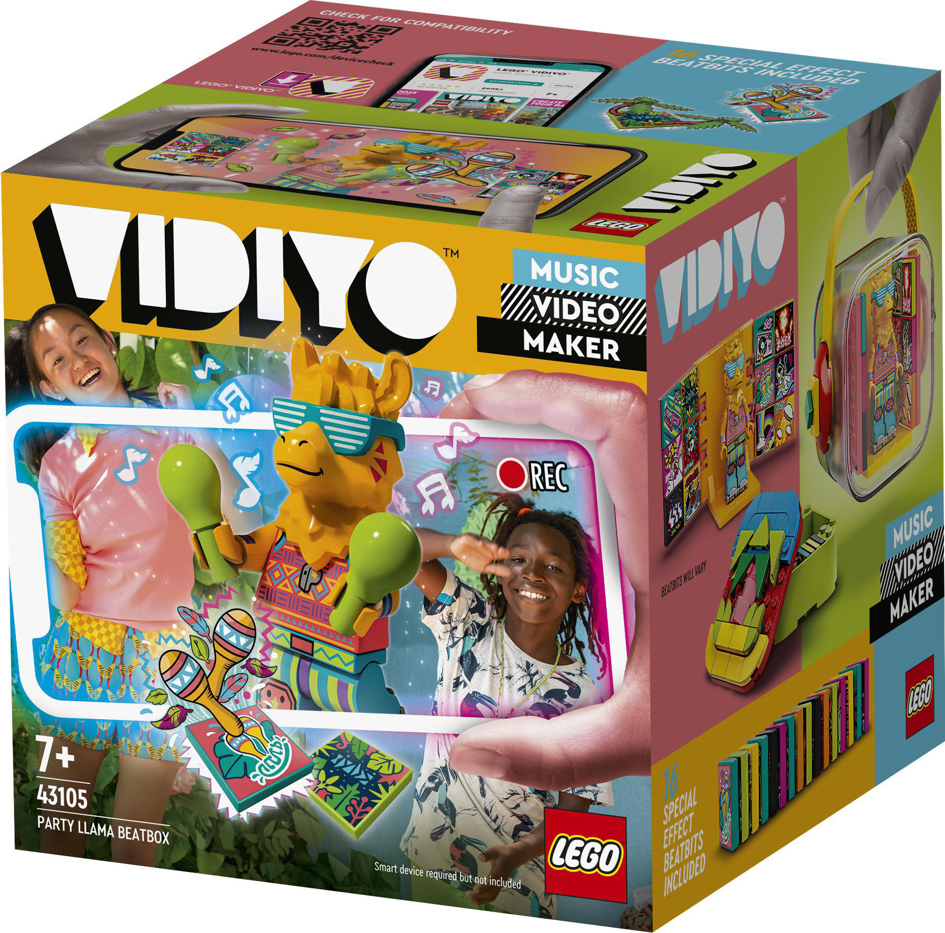 Eine LEGO-Box mit einem Kind und einem LEGO-Lama darauf, die Box trägt die Aufschrift VIDIYO und PARTY LLAMA BEATBOX.