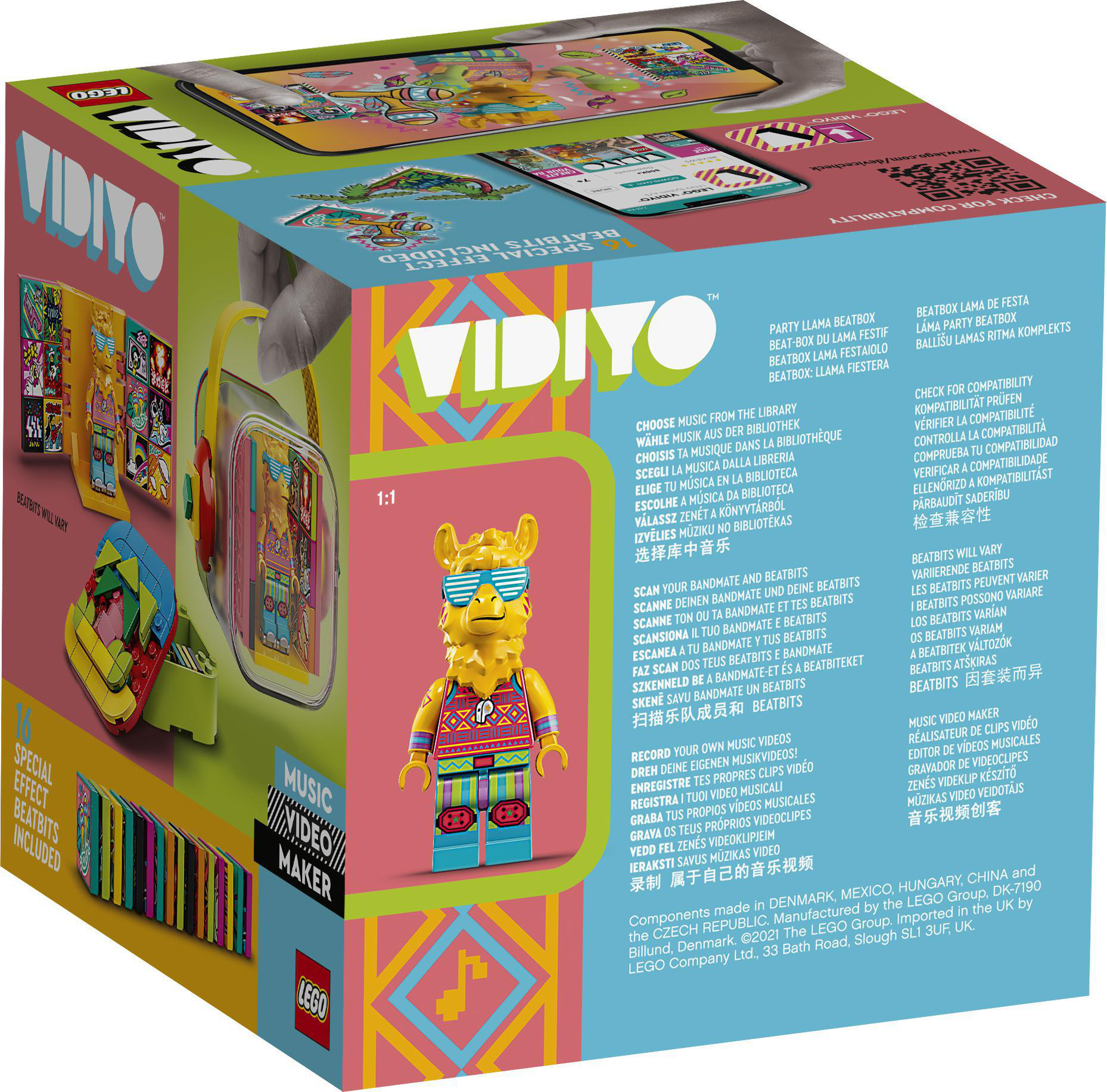 LEGO Vidiyo-Box mit einer Lama-Figur und verschiedenen musikalischen Elementen. Helles, farbenfrohes Design.