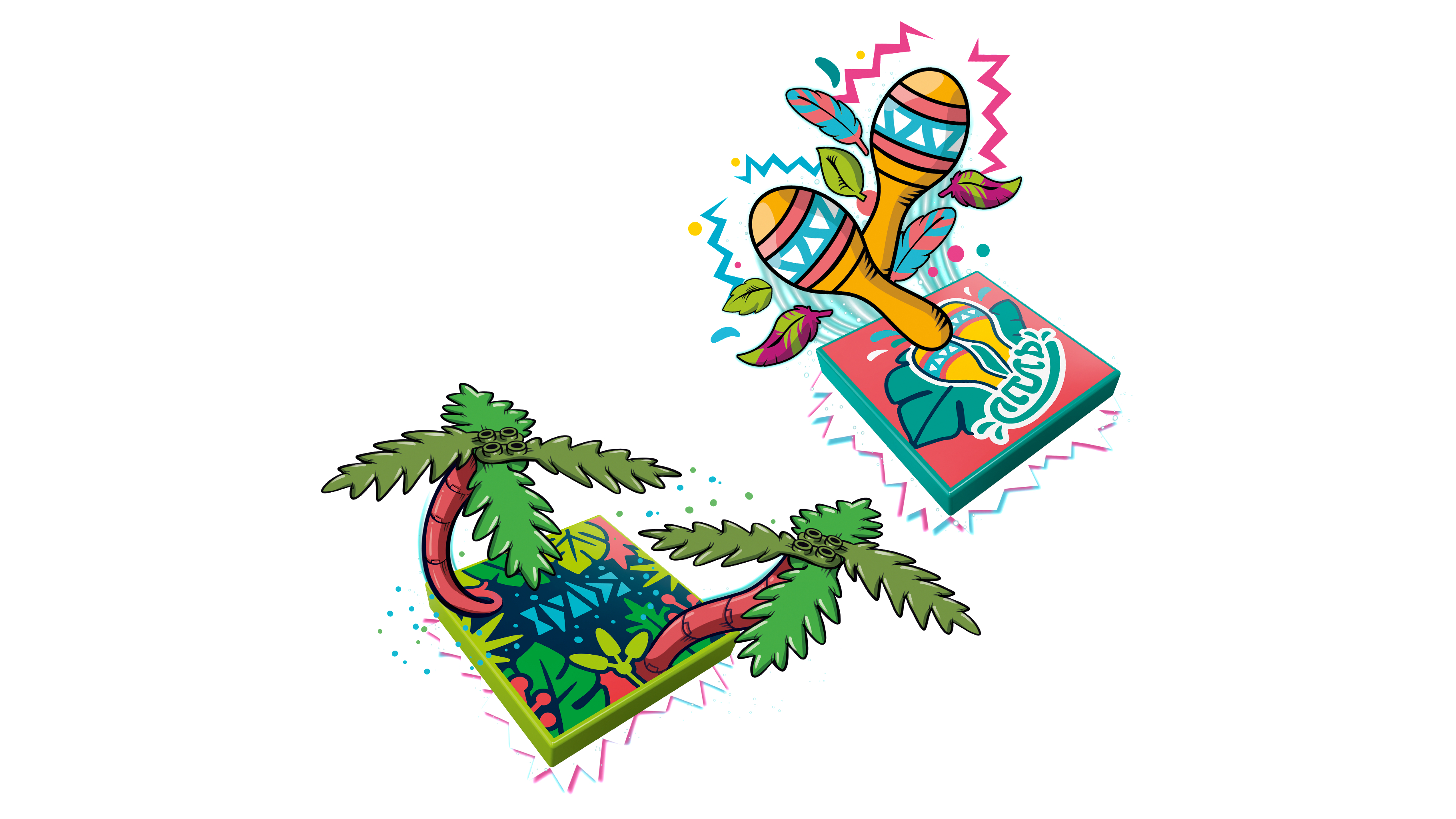 Zwei bunte, illustrierte Maracas auf einer Grafik mit einer Palme und geometrischen Formen.