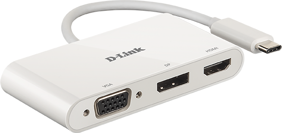 Egy fehér D-Link adapter VGA, DP, HDMI és USB-C portokkal, szögből nézve.