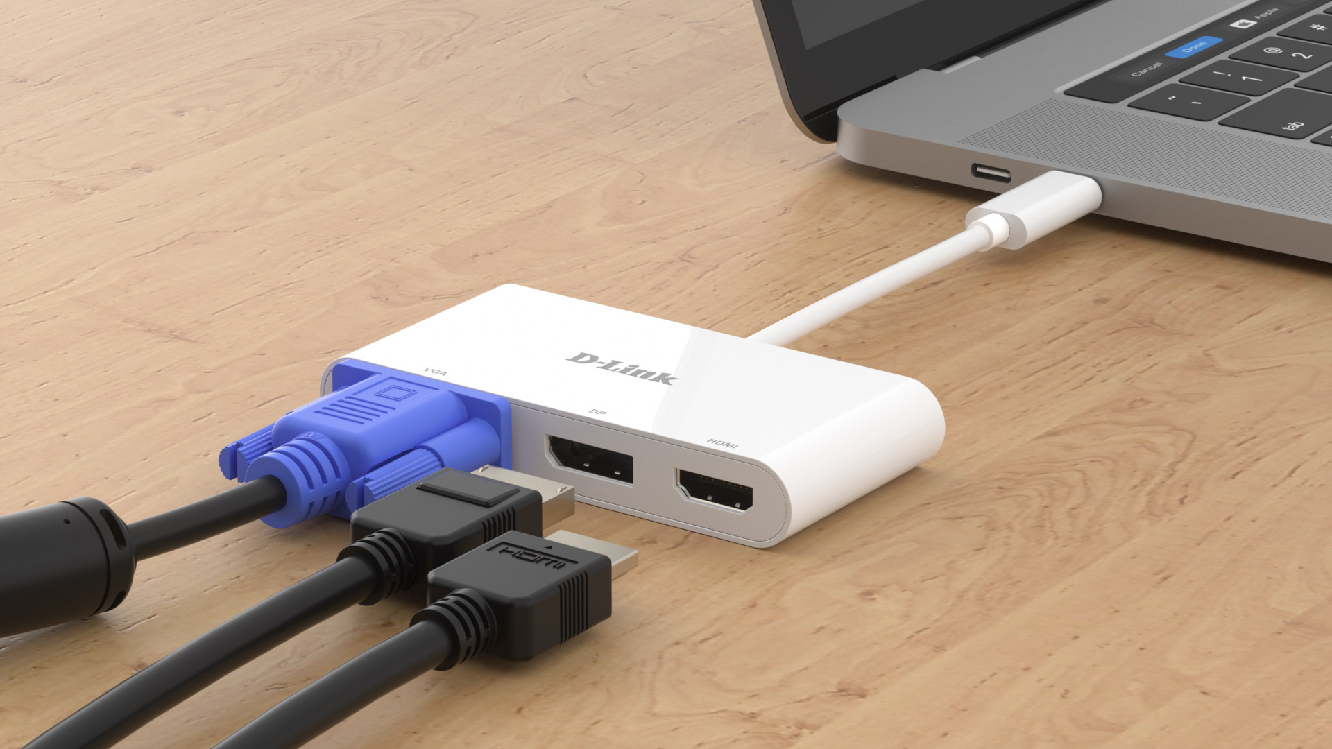 Egy fehér D-Link adapter laptophoz csatlakoztatva, különböző kábelekkel.