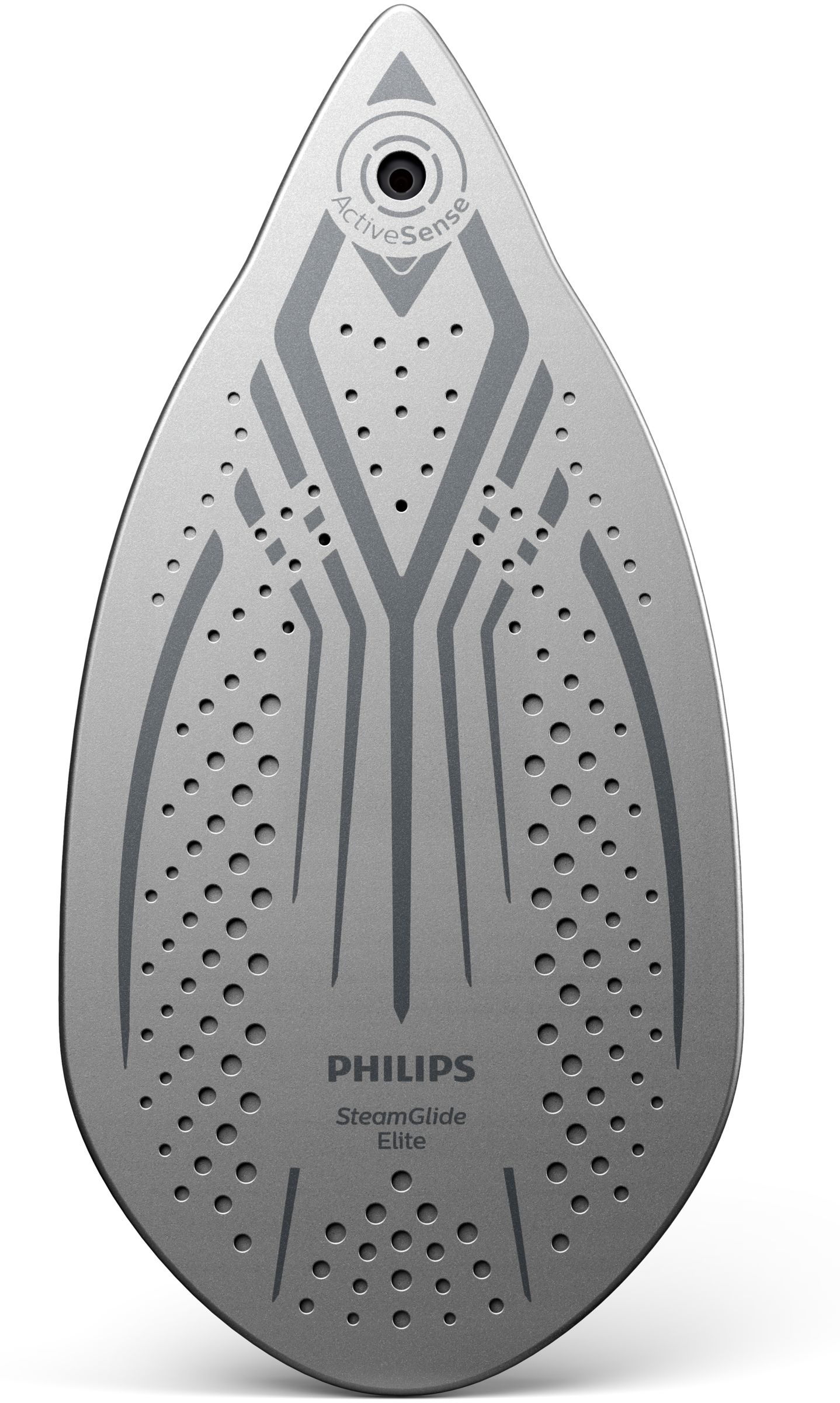 Philips SteamGlide Elite ütünün metal tabanı, delikler ve tasarım detaylarıyla gösteriliyor.