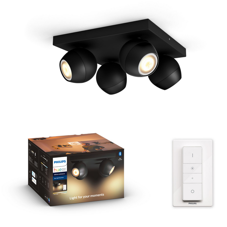 Foco - Philips Hue Buckram, 4 Focos, Inteligentes, Interior, LED, Luz blanca y color, Domótica, Negro