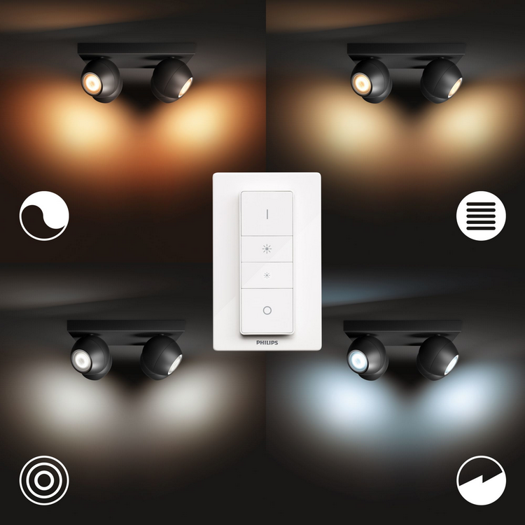 Foco - Philips Hue Buckram, 4 Focos, Inteligentes, Interior, LED, Luz blanca y color, Domótica, Negro