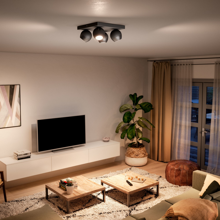 Foco - Philips Hue Buckram, 4 Focos, Inteligentes, Interior, LED, Luz blanca y color, Domótica, Negro