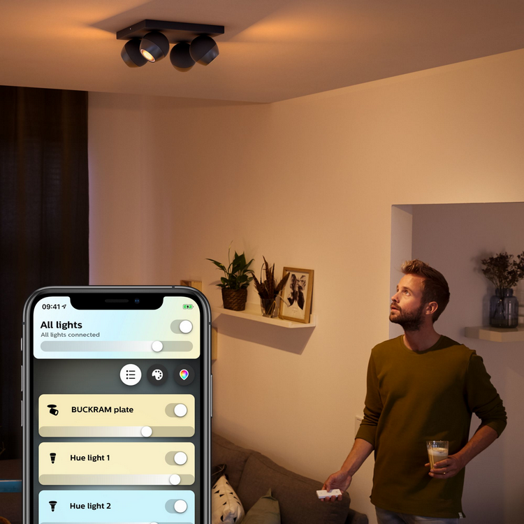 Foco - Philips Hue Buckram, 4 Focos, Inteligentes, Interior, LED, Luz blanca y color, Domótica, Negro