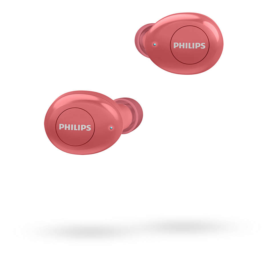 İki pembe kablosuz kulaklık. Her bir kulaklık, beyaz bir arka plan üzerinde Philips logosunu gösteriyor.