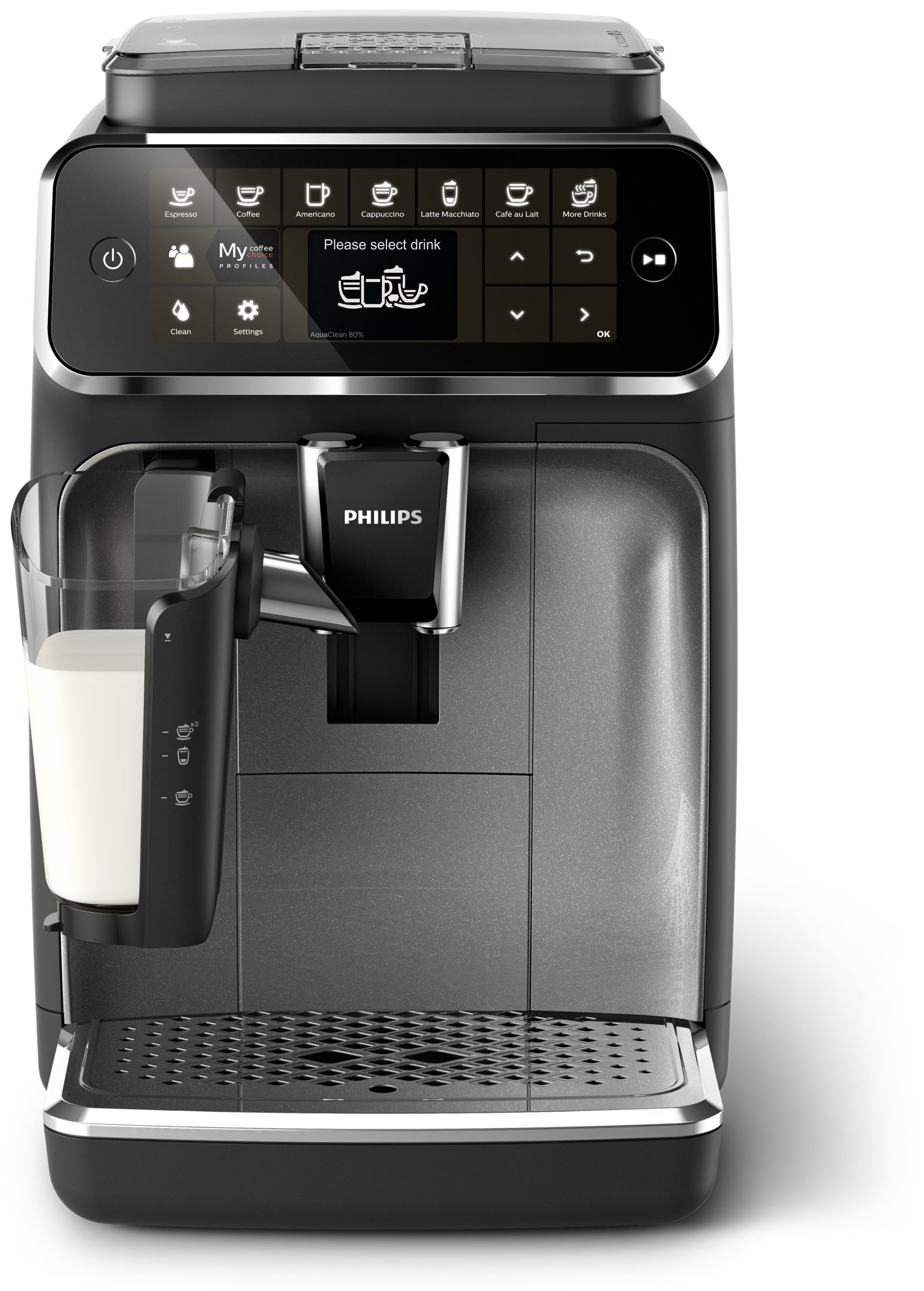 Süt köpürtücülü siyah bir Philips espresso makinesi. Bir bardak süt içerir. Ekran içecek seçeneklerini gösterir.