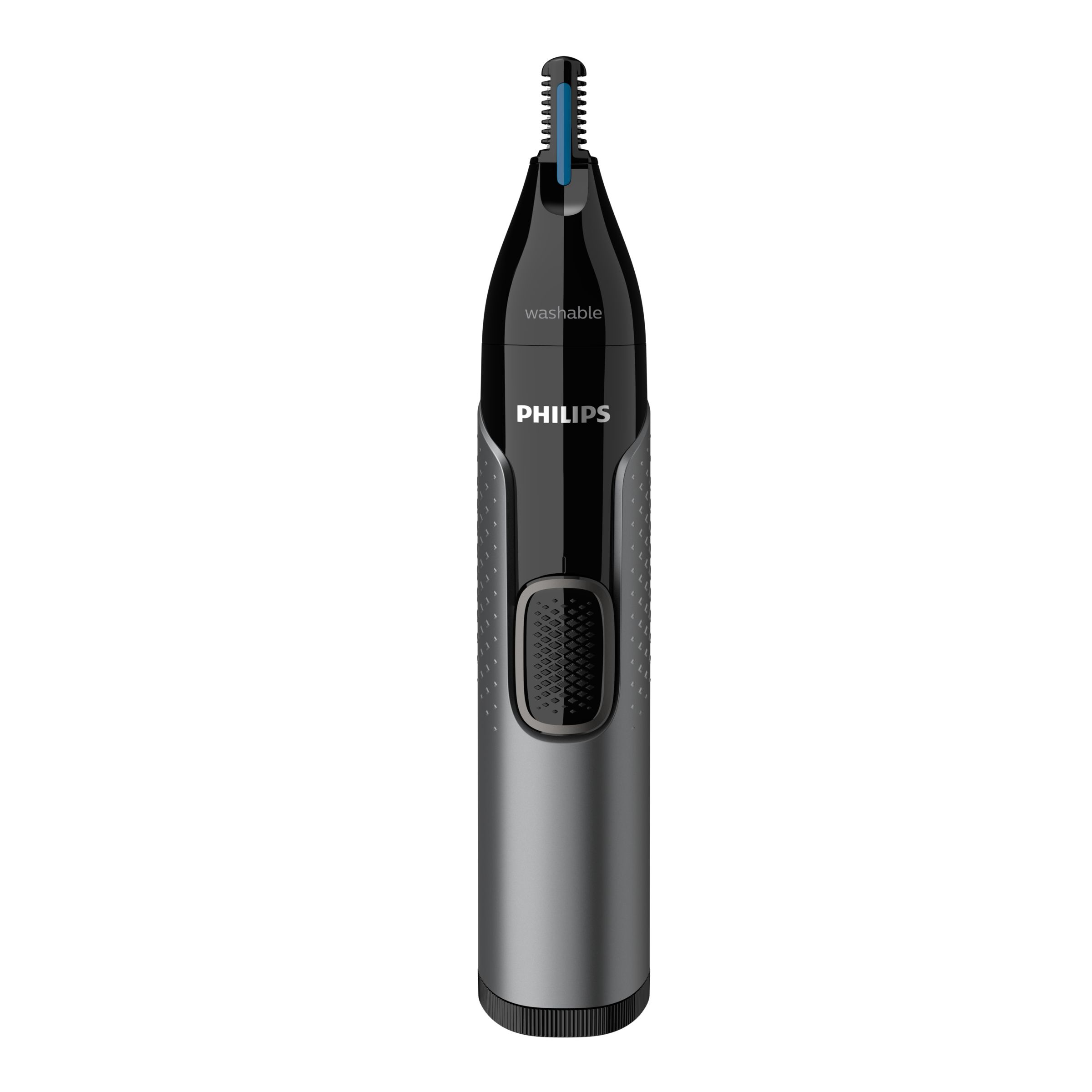 Philips burun ve kulak tüyü düzeltici. Siyah ve gri bir gövdesi var. Yıkanabilir.