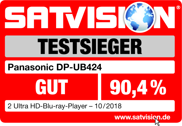 Rote und weiße Werbung. Sie sagt SATVISION TESTSIEGER, Panasonic DP-UB424, GUT, 90,4% und www.satvision.de.