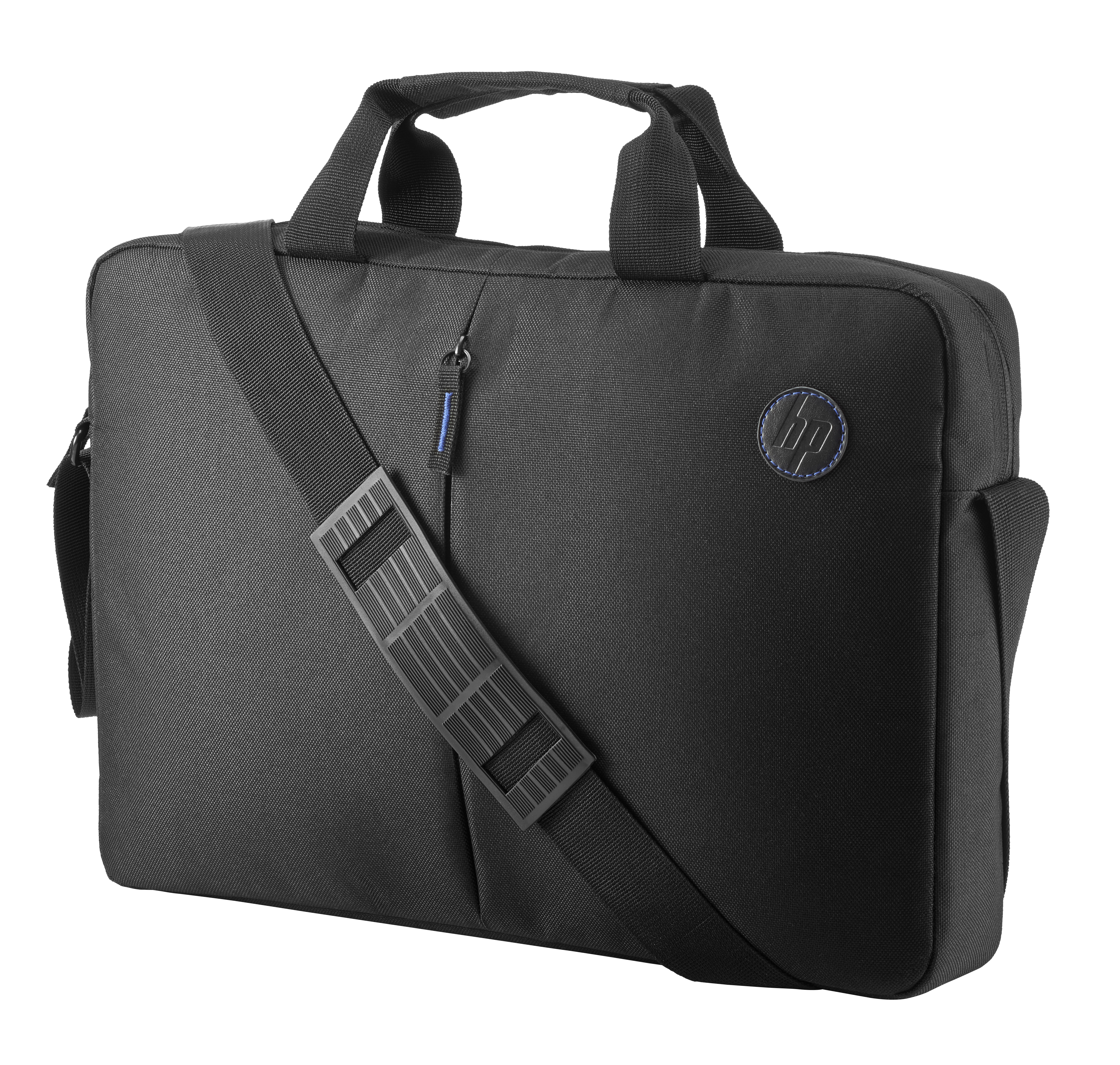 Omuz askısı ve HP logosu olan siyah bir HP dizüstü bilgisayar çantası.