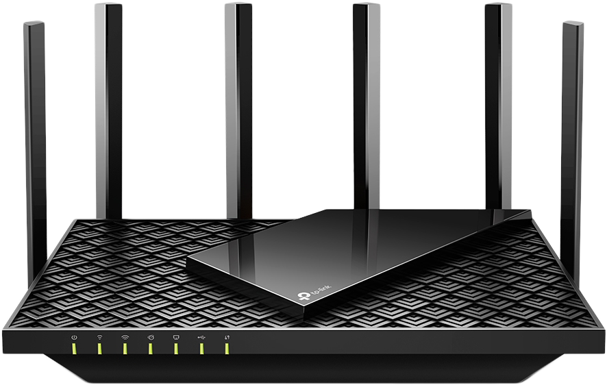 Fekete TP-Link router antennákkal, mintás tetővel és állapotjelző lámpákkal.