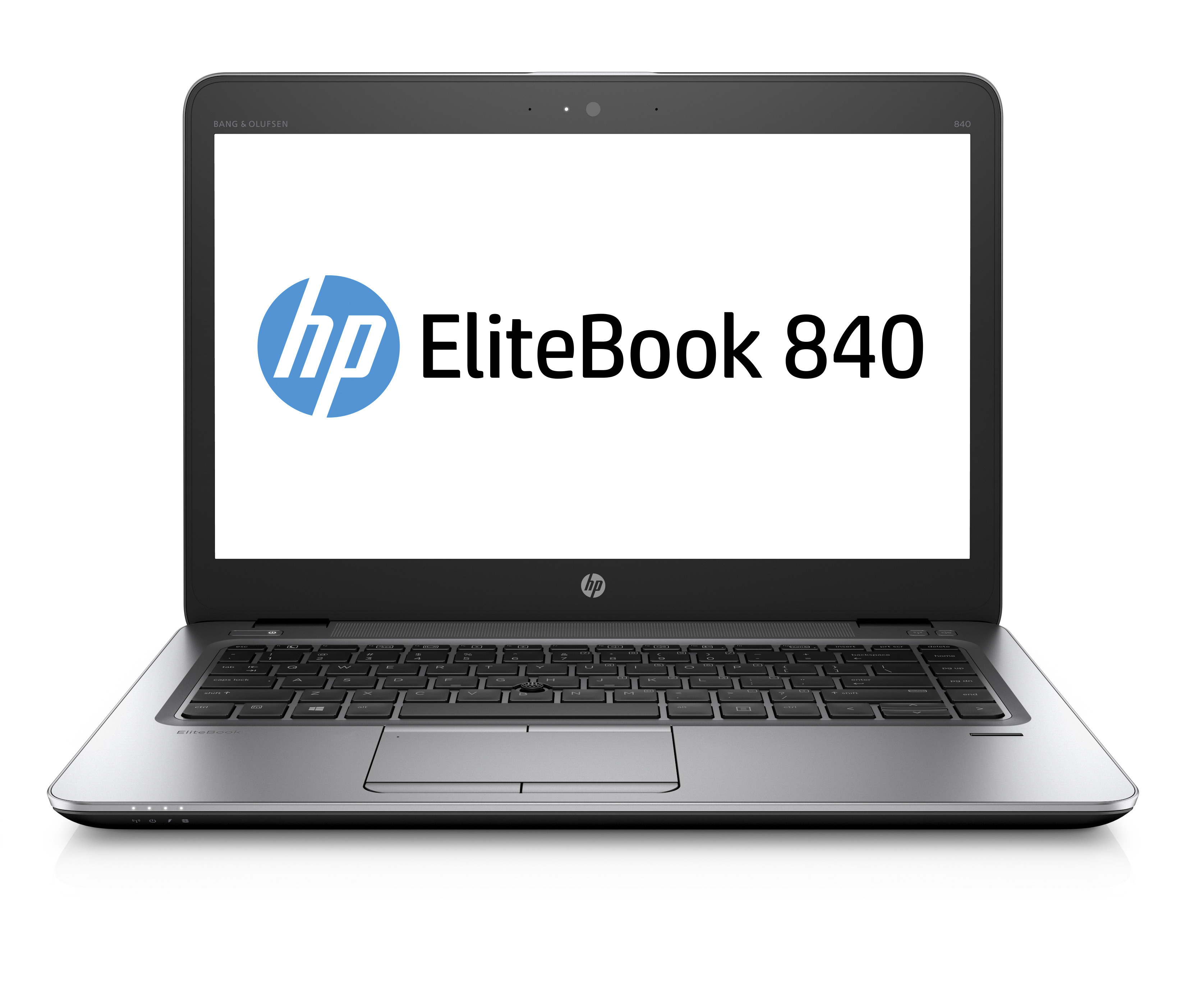 Beyaz bir ekranda açık HP EliteBook 840 dizüstü bilgisayar, hp EliteBook 840 logosu ile.