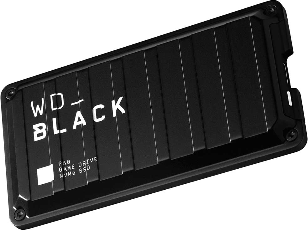 Disque dur WD_BLACK P50 Game Drive noir. Forme rectangulaire, texte et logo visibles.