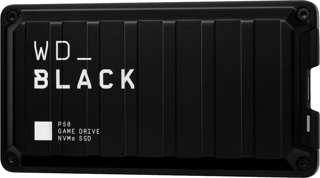 Disque dur externe noir WD_BLACK P50. SSD externe noir rectangulaire avec texte blanc.
