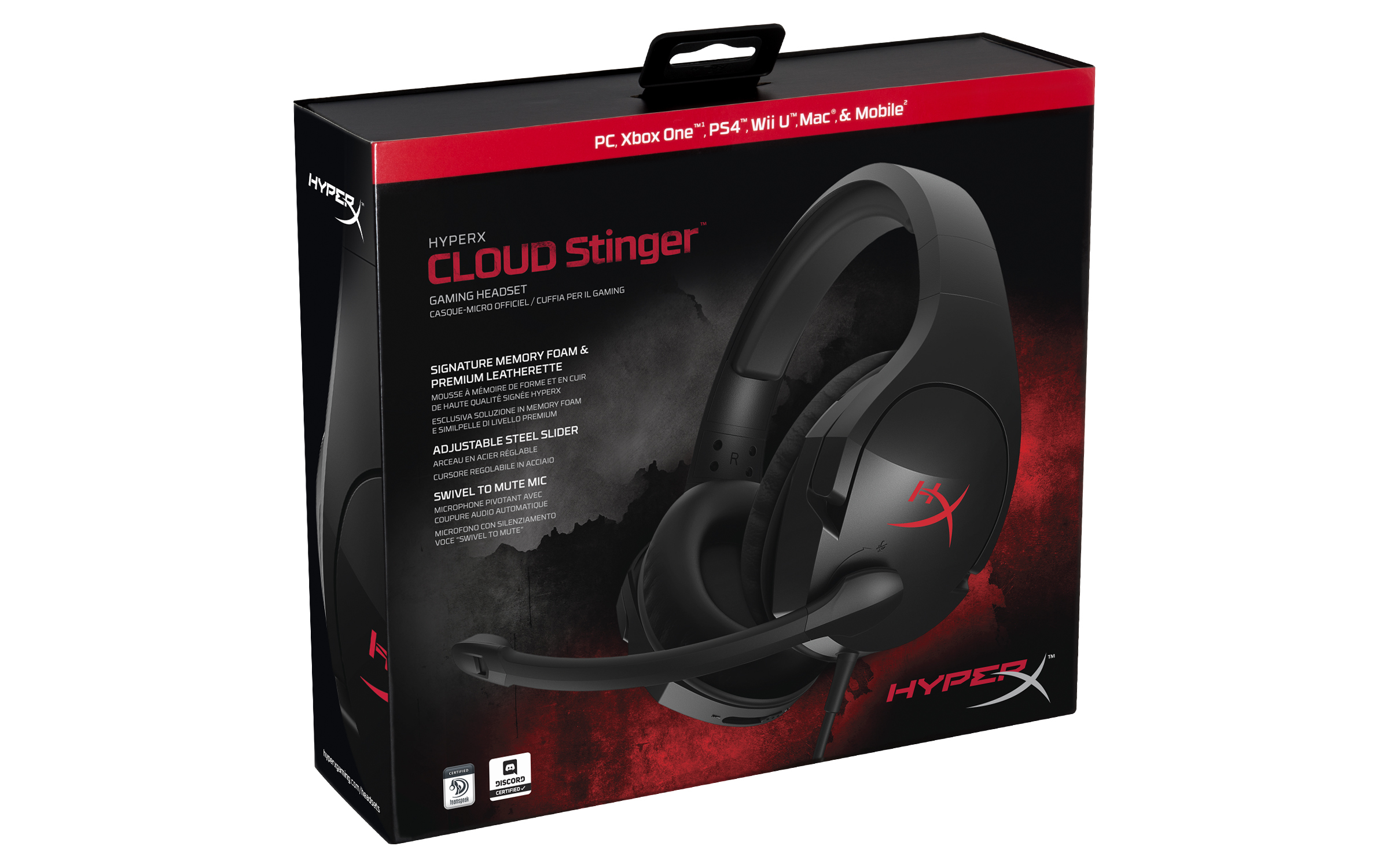 HyperX Cloud Stinger oyun kulaklığı kutusu. Siyah ve kırmızı tasarım, metin ve logo.
