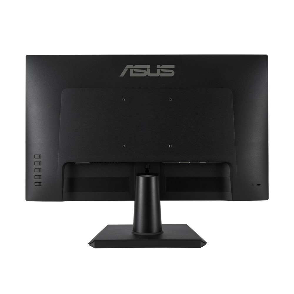 Siyah bir ASUS bilgisayar monitörünün arkası, bağlantı noktaları ve standı görünür halde.