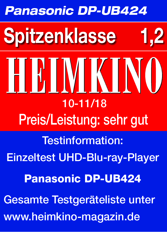 Das Bild zeigt eine rote und blaue Grafik mit Text. Es bewirbt einen Panasonic Blu-ray-Player mit Heimkino-Magazin-Test.