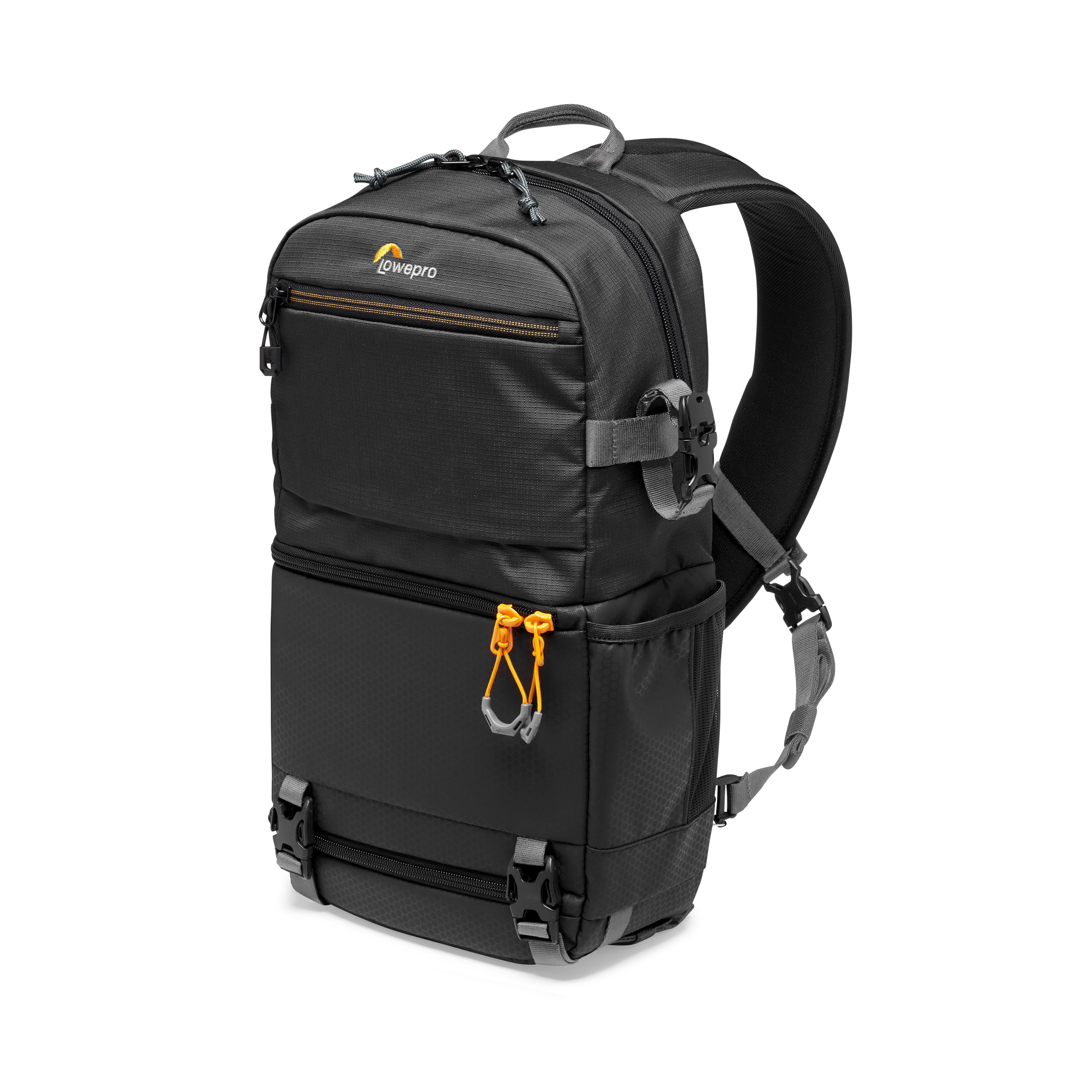 Schwarzer Lowepro Kamera-Rucksack mit orangefarbenen Reißverschlüssen und grauen Gurten.