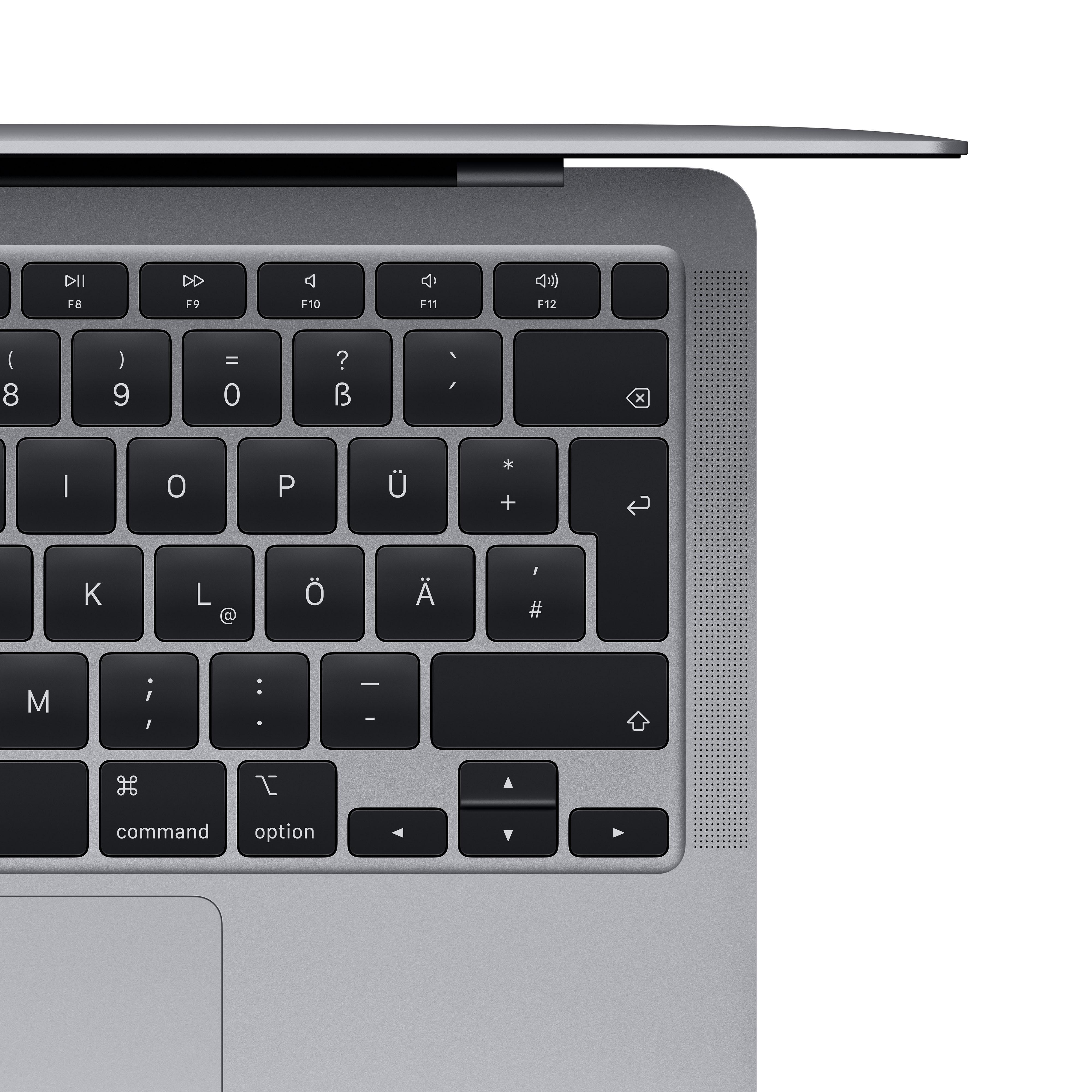 Nahaufnahme einer Laptop-Tastatur mit silbernem Rahmen, Tasten und Trackpad zeigend.