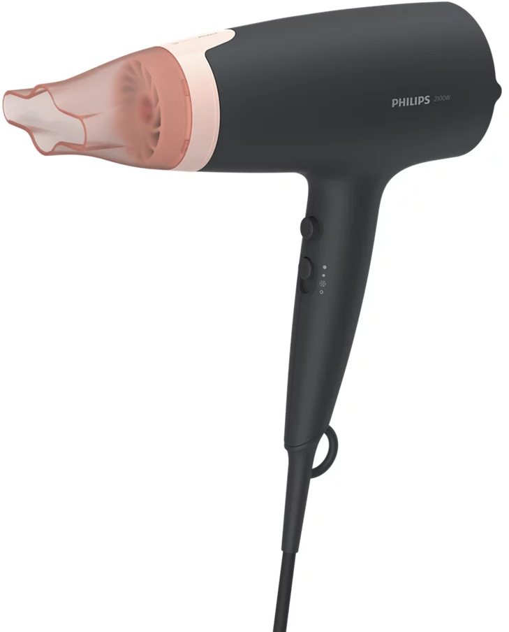 Sèche-cheveux Philips noir, buse rose, et poignée avec boutons.