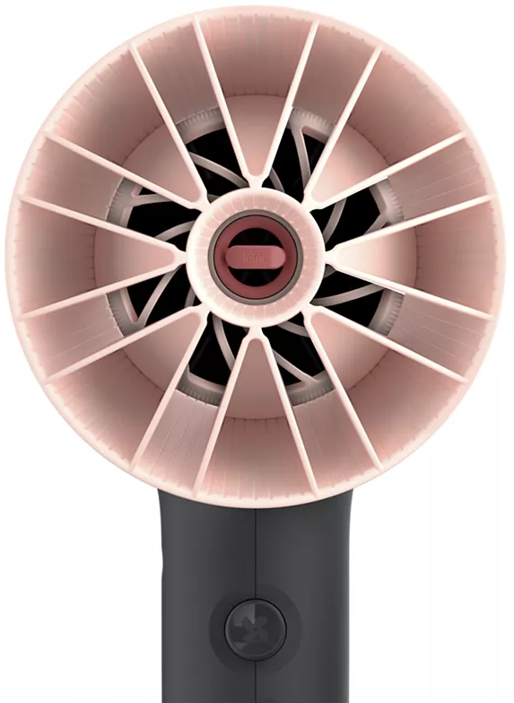 Avant d'un sèche-cheveux avec un design en éventail rose et une poignée sombre.