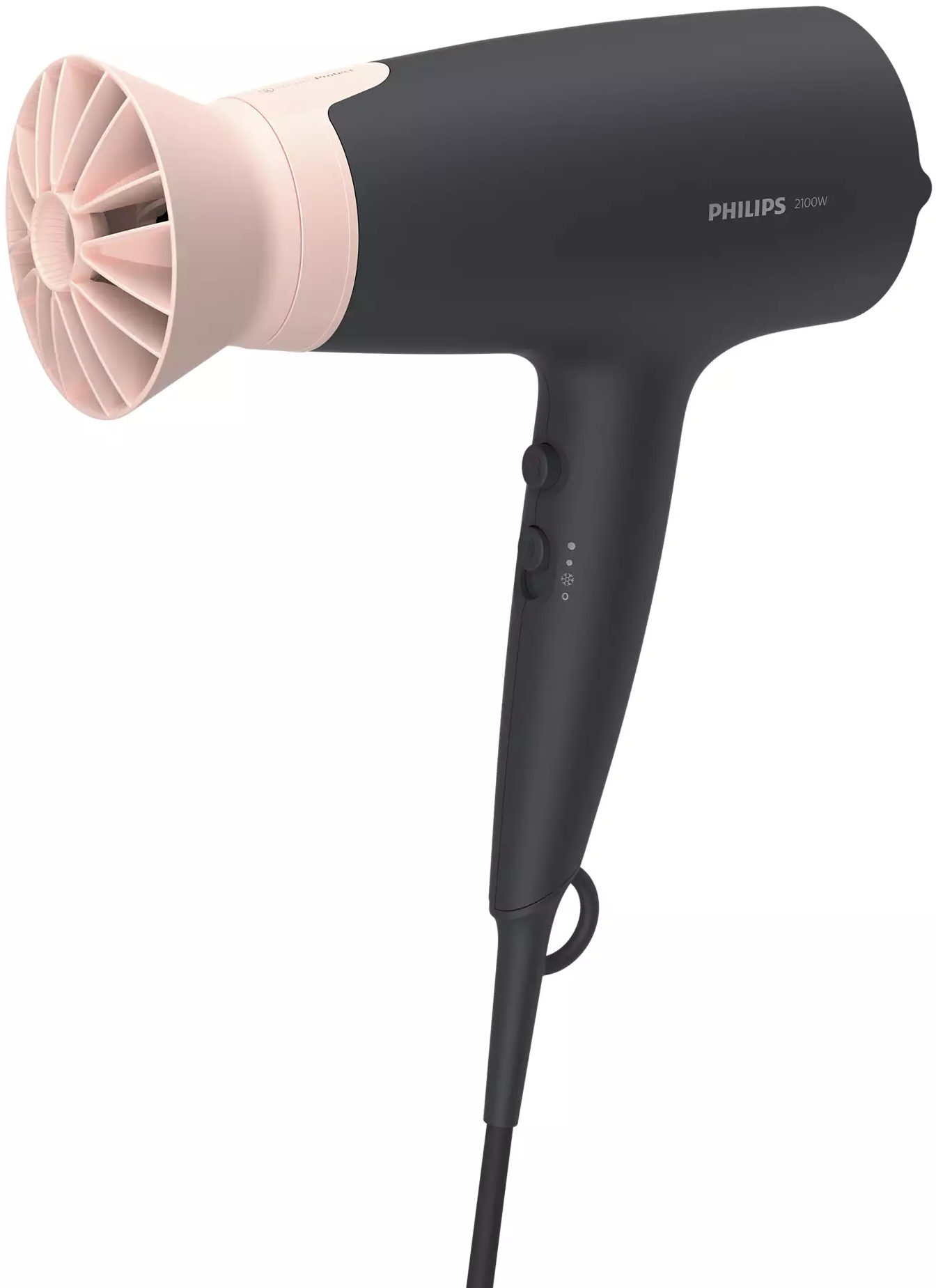 Un sèche-cheveux Philips noir et rose sur une surface blanche, avec la poignée et les commandes visibles.