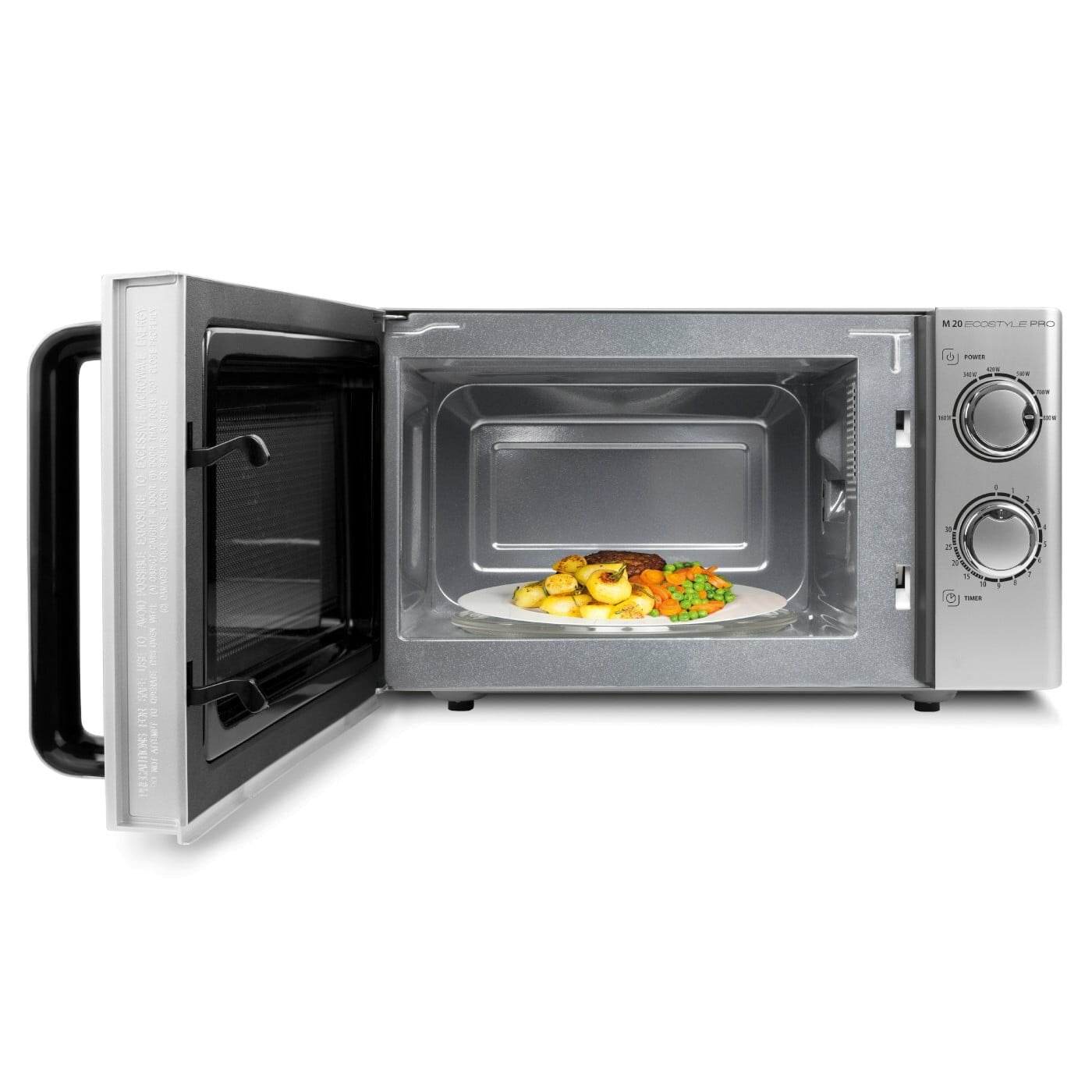 Mikrowelle mit offener Tür, zeigt einen Teller mit Essen im Inneren.