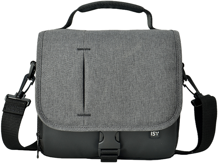 Sac d'appareil photo ISY gris et noir avec une bandoulière et une fermeture à boucle à l'avant.