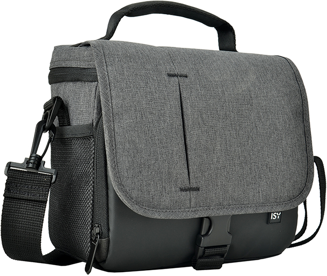 Sac photo gris et noir avec poignée, bandoulière et poche latérale sur fond blanc.