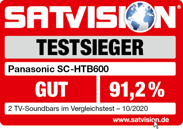 Rote Auszeichnung mit Text: SATVISION, TESTSIEGER, Panasonic SC-HTB600, GUT, 91,2%, und Website-Link.